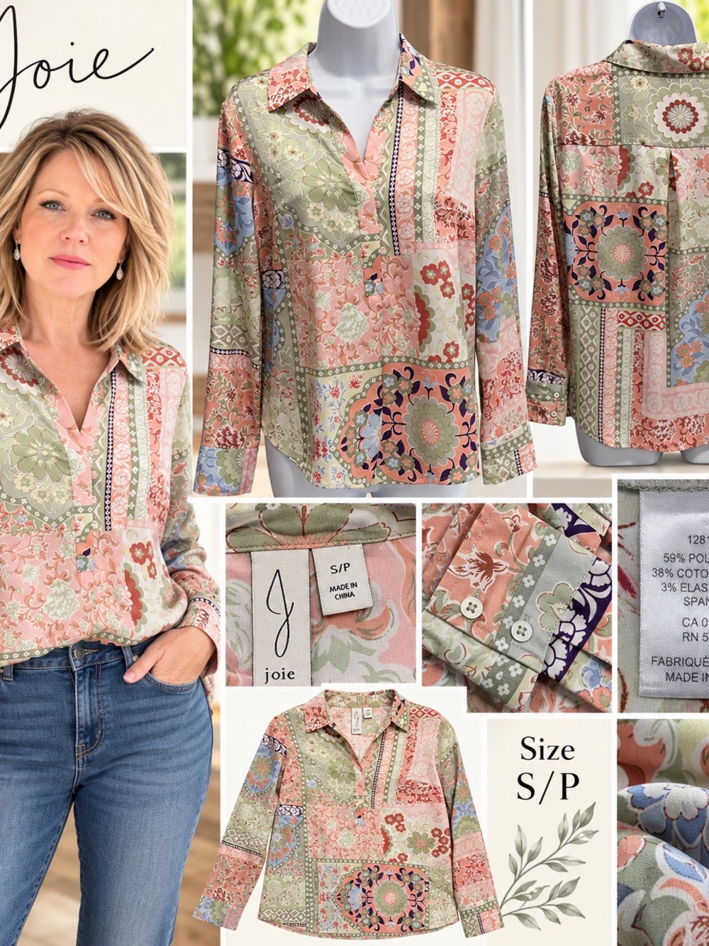 Joie Patchwork Floral Button-Down Blouse in Sage Green & Blush